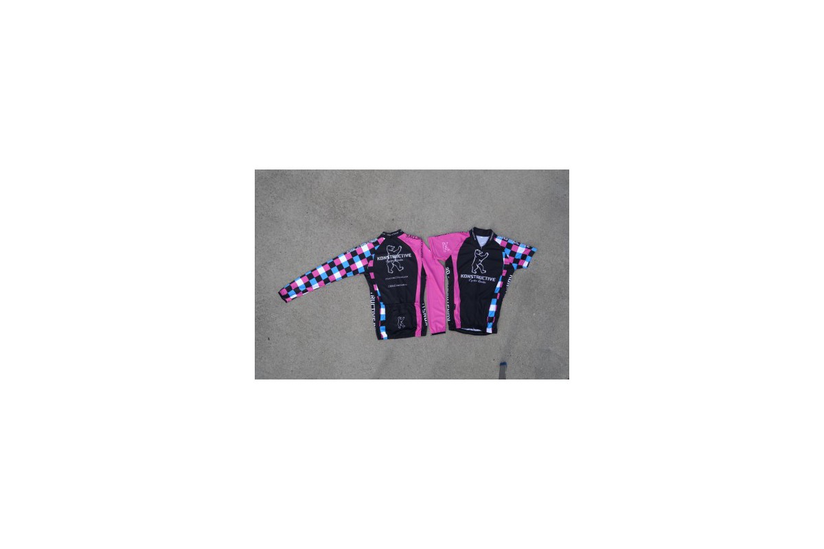 Konstructive Team Clothing, womens cycling jersey, short sleeved, pink and blue style, size small