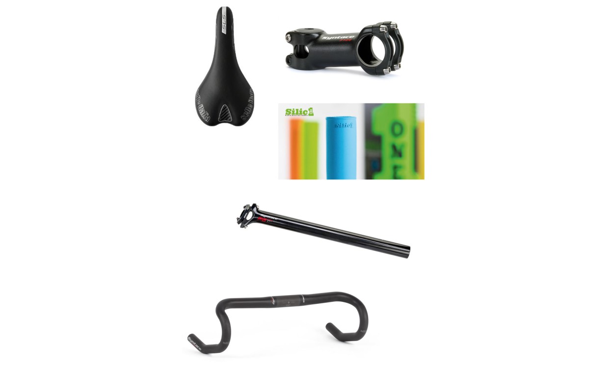 Syntace carbon road handle bar, Syntace alloy stem and seatpost, Seat Selle Italia SLR SL, SilicONE Grips